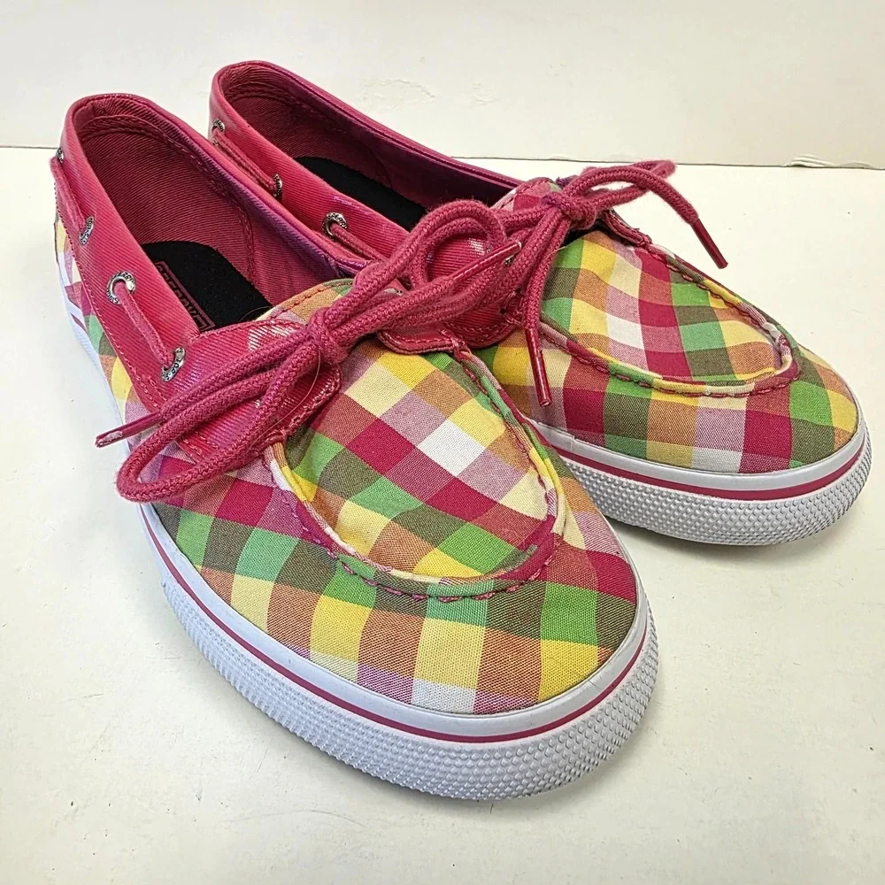 Sperry Top-Sider Pink Yellow Green Plaid Boat Loafer Shoes Size 4.5M Biscayne